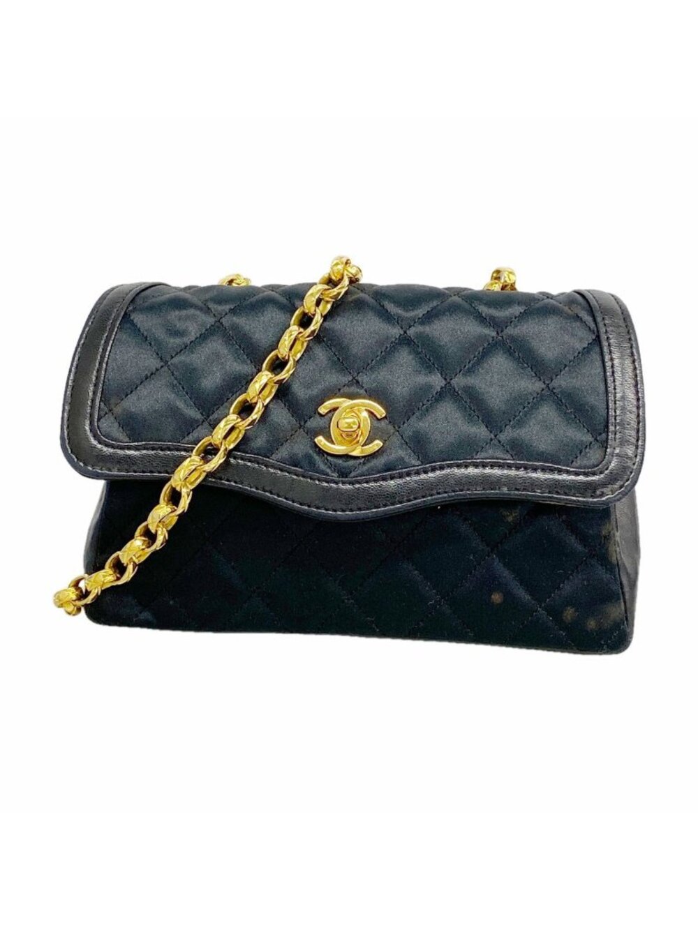 Chanel Shoulder Bag Quilted Satin Black Gold